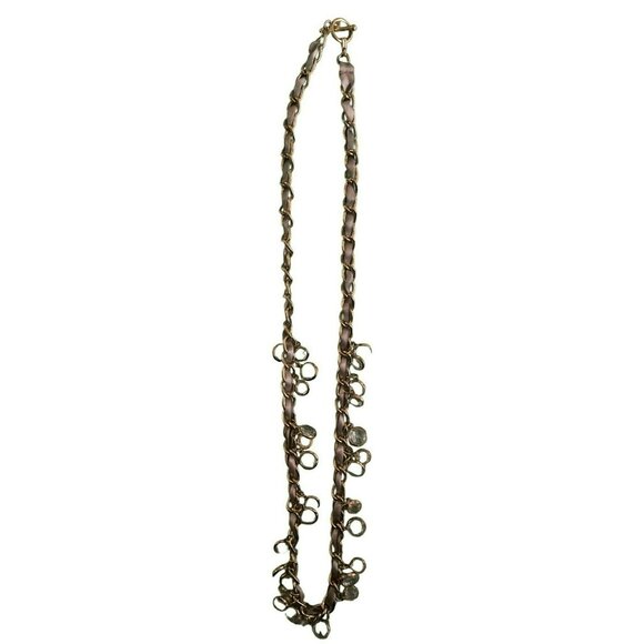 Vintage Gold Tone Chain Necklace With Brown Taupe Ribbon & Crystal Accents 30" - Picture 1 of 3